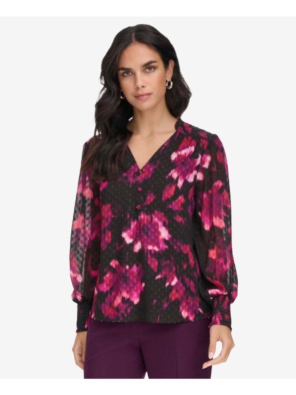 Calvin Klein Women Printed V-Neck Long-Sleeve Blouse Black Pink Size XL MSRP $79